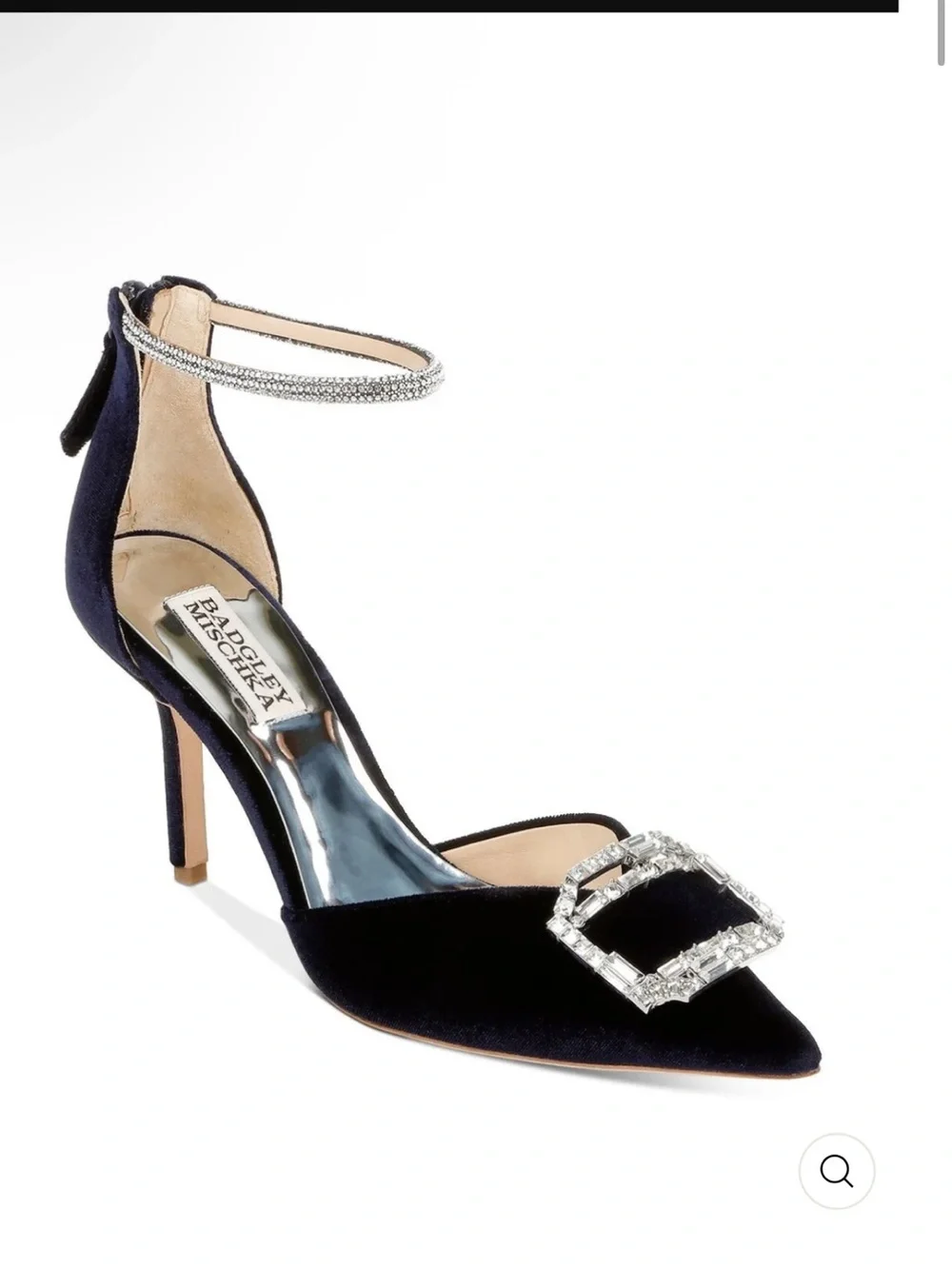 BADGLEY MISCHKA ankle Strap Embellished Marlow navy Stiletto with crystal New 11